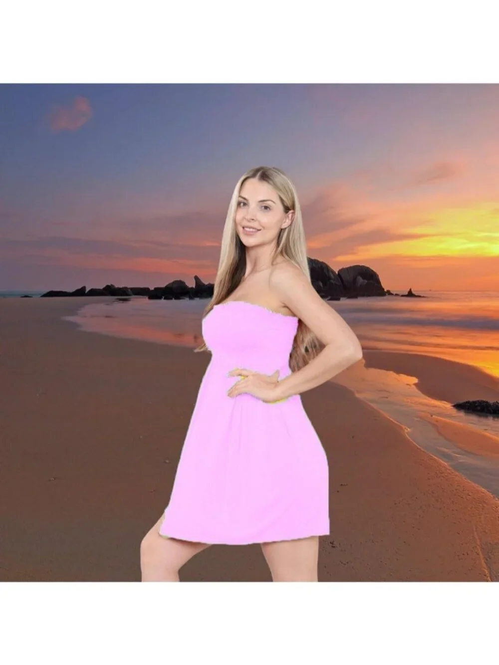 Women's Baby Pink Strapless Tube Short Beach Summer Dresses Casual Mini Dress
